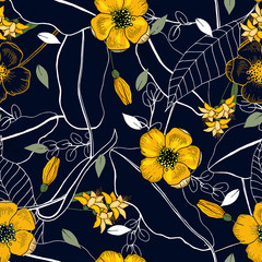Wallpaper botanical vector illustration with hand drawn flowers. Fantasy florals seamless pattern.
