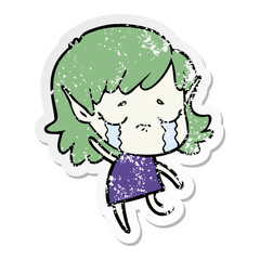 distressed sticker of a cartoon crying elf girl