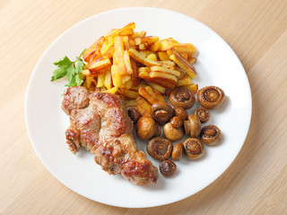 steak with fried potatoes and mushrooms