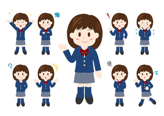 女子高校生のポーズと表情のイラスト: 全身セット