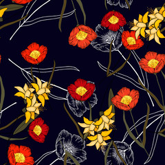 Modern botanical background. Hand drawn vector illustration. Folk flowers. Seamless floral pattern.