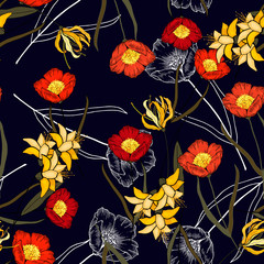  Botanical background. Hand drawn vector illustration. Freehand flowers seamless pattern with wild plants.