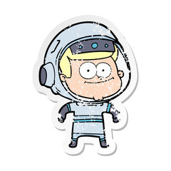 distressed sticker of a happy astronaut cartoon