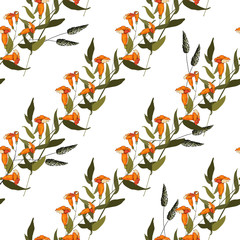 Realistic isolated seamless floral pattern. Hand drawn vector illustration. Paradise flowers.