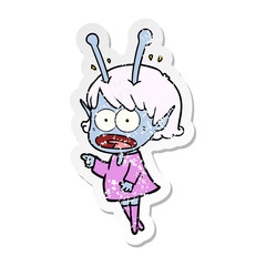 distressed sticker of a cartoon shocked alien girl
