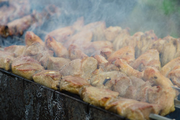 Shish kebab on skewers is fried on coals, juicy meat.
