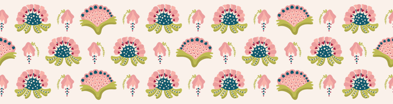 Pretty indian floral bloom border pattern. Seamless repeating. Hand drawn ornate vector illustration. Ornamental stylized flowwer grid on trendy pink ribbon trim. Spring fashion, retro home decor.
