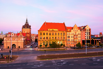 Sunset view of Brama Wyzynna and other historical buildings in Gdansk, Poland