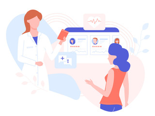 Selection of the attending physician, online consultation on diseases. Woman doctor and girl patient. Vector illustration in pastel colors.
