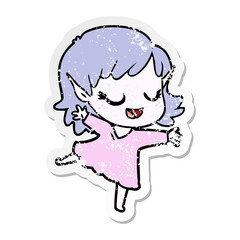 distressed sticker of a happy cartoon elf girl