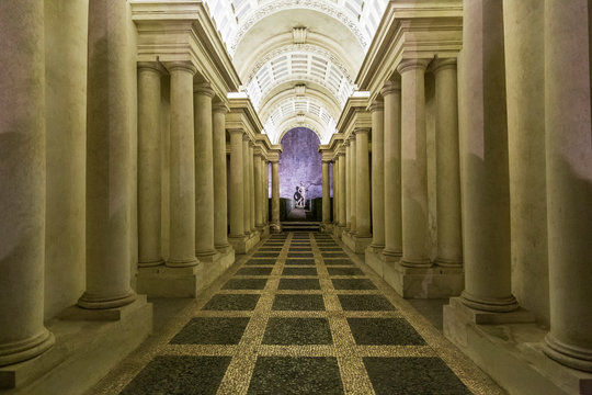 Rome, Italy - January 6, 2019: Palazzo Spada, Forced perspective gallery by Francesco Borromini