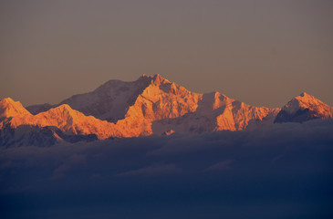 Naklejka premium Mount Kanchenjunga as seen during a beautiful sunrise in Darjeeling, West Bengal