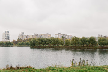 Grassy shore of the lake with residential buildings in the distance, on a cloudy day, autumn weather.