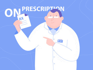 Cute character doctor man. In the hands of holding a prescription for medicine. Medical illustration. Vector on bright blue background.