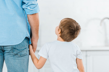 back view of preschooler holding hands with father at home