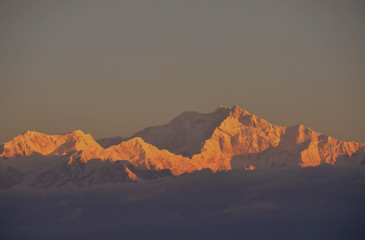 Fototapeta na wymiar Mount Kanchenjunga as seen during a beautiful sunrise in Darjeeling, West Bengal