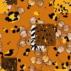 Safari Africa design of leopard and tiger, zebra. Vector. Modern animal skin prints and flower hand drawn seamless pattern.