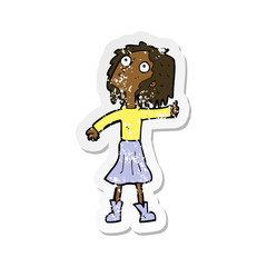 retro distressed sticker of a cartoon woman looking up to the sky