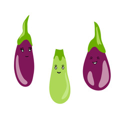 vector cute kawaii vegetables eggplant zucchini face smile childish illustration on white