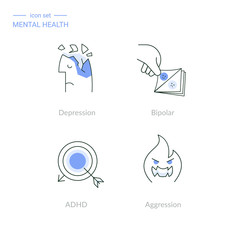 Set of linear mental health icons: depression, bipolar disorder and mood swings, attention deficit hyperactivity syndrome, aggression.