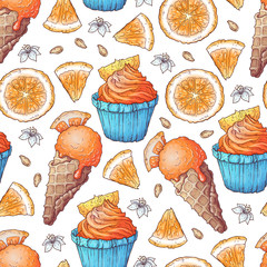 Colorful lemon and mandarin fruit and citrus ice cream seamless pattern background