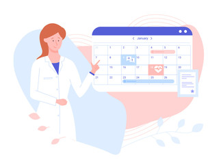 Friendly female doctor near the work schedule. Hospital calendar, make an appointment online. Vector illustration on pastel gentle background.