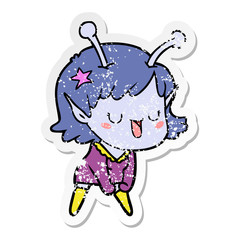 distressed sticker of a happy alien girl cartoon