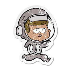 distressed sticker of a cartoon tired astronaut