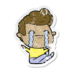 distressed sticker of a cartoon man crying