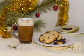 Chocolate chips cookies, and coffee with whipped cream