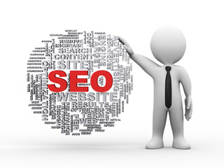 3d businessman with seo wordcloud tags