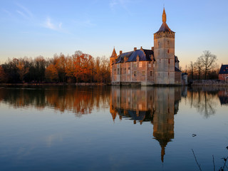 Calm sunset and reflections Kasteel van Horst near Holsbeek, Vlaanderen, Belgium