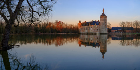 Calm sunset and reflections Kasteel van Horst near Holsbeek, Vlaanderen, Belgium