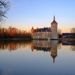 Calm sunset and reflections Kasteel van Horst near Holsbeek, Vlaanderen, Belgium