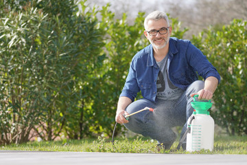 Mature man smiling at camera using garden sprayer in sunny backyard
