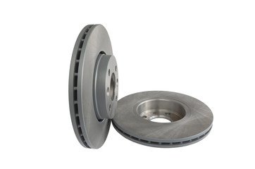 Brake discs and on a white isolated background close up. A set of two discs.