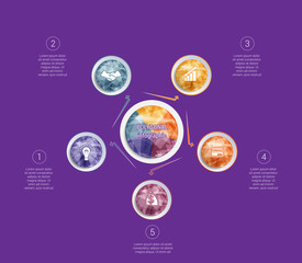 Fototapeta premium Polygonal infographics. For designs on 5 positions colorful circles with triangles and polygons in a circle