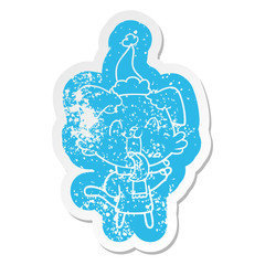 cartoon distressed sticker of a panting dog wearing santa hat