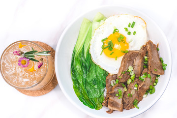 Porky Bowl Homemade char siu with rice and sunny side up & siew pak choy