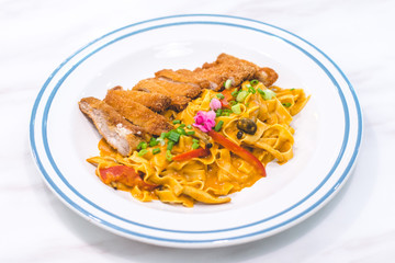 Homemade Tagliatelle with Chicken Katsu and Japanese Curry