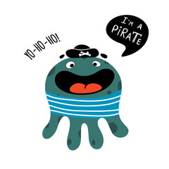 Cute baby octopus in a pirate suit. Cartoon hand drawn pouple. Childish vector illustration for baby t-shirt print, fashion design, kids wear, baby shower celebration greeting and invitation cards