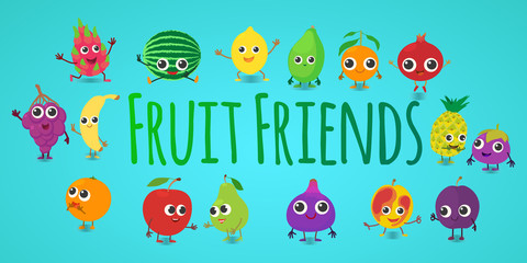 Fruit friends concept banner. Cartoon banner of fruit friends vector concept for web, giftcard and postcard