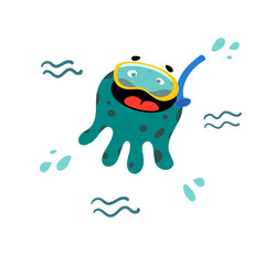 Octopus cartoon cute character. Sea funny pouple with snorkeling mask and snorkel. Cool vector illustration for t-shirt, kids apparel and summer design or for the brand diving center
