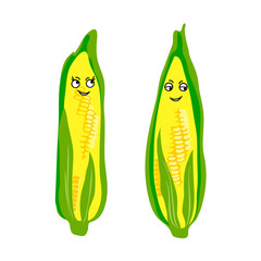 vector cute kawaii vegetables corn  face smile childish illustration on white