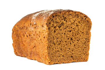 A traditional black square loaf of bread is isolated on a white background. Rye bread isolated on a white background.