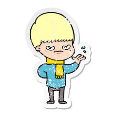 distressed sticker of a annoyed cartoon boy