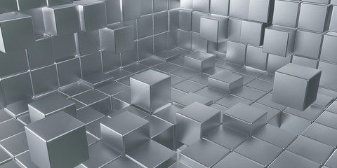 3d illustration of silver room with cube in isometric view