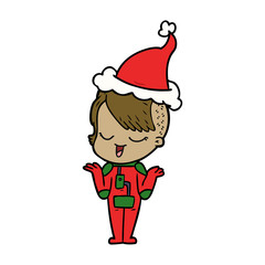 happy line drawing of a girl in space suit wearing santa hat