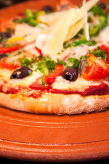 Side view of a tasty egg pizza