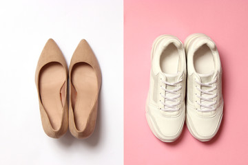  white sneakers and high heel shoes on a colored background top view. Women's shoes. Classic and sport shoes.